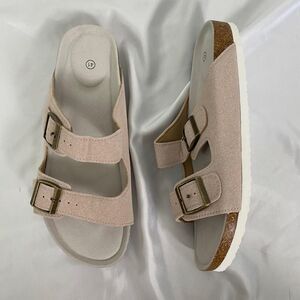 Boho Cream Nude Faux Suede Brassy Gold Buckle Sandals / Slides EU 41 US 10.5